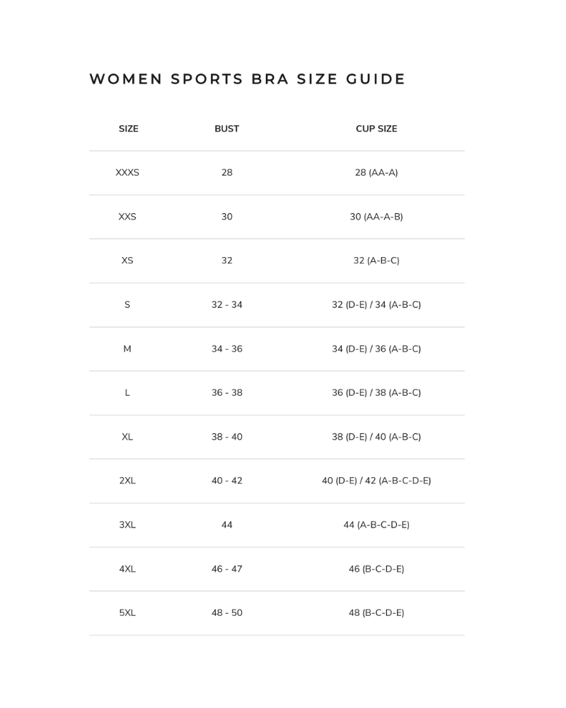 Sports Bra Size Chart – Miami Fitwear